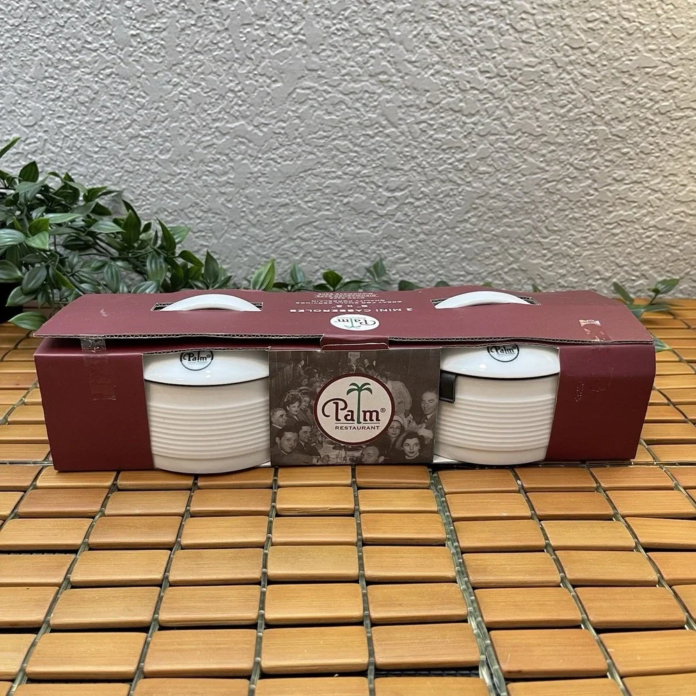 NIB The Palm Restaurant Mini Casserole Ramekin Set 2 White Porcelain Steakhouse